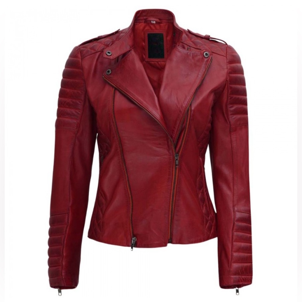Women's Red Leather Moto Jacket